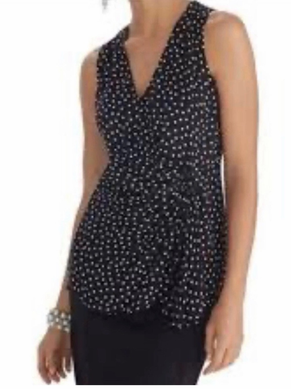 White House Black Market Black Polka Dot V-Neck Sleeveless silk top size 6